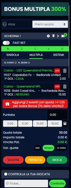 Configurazione della schedina su Queen Casino con selezioni accumulate, input puntata, calcolo quote multiple e anteprima del pagamento