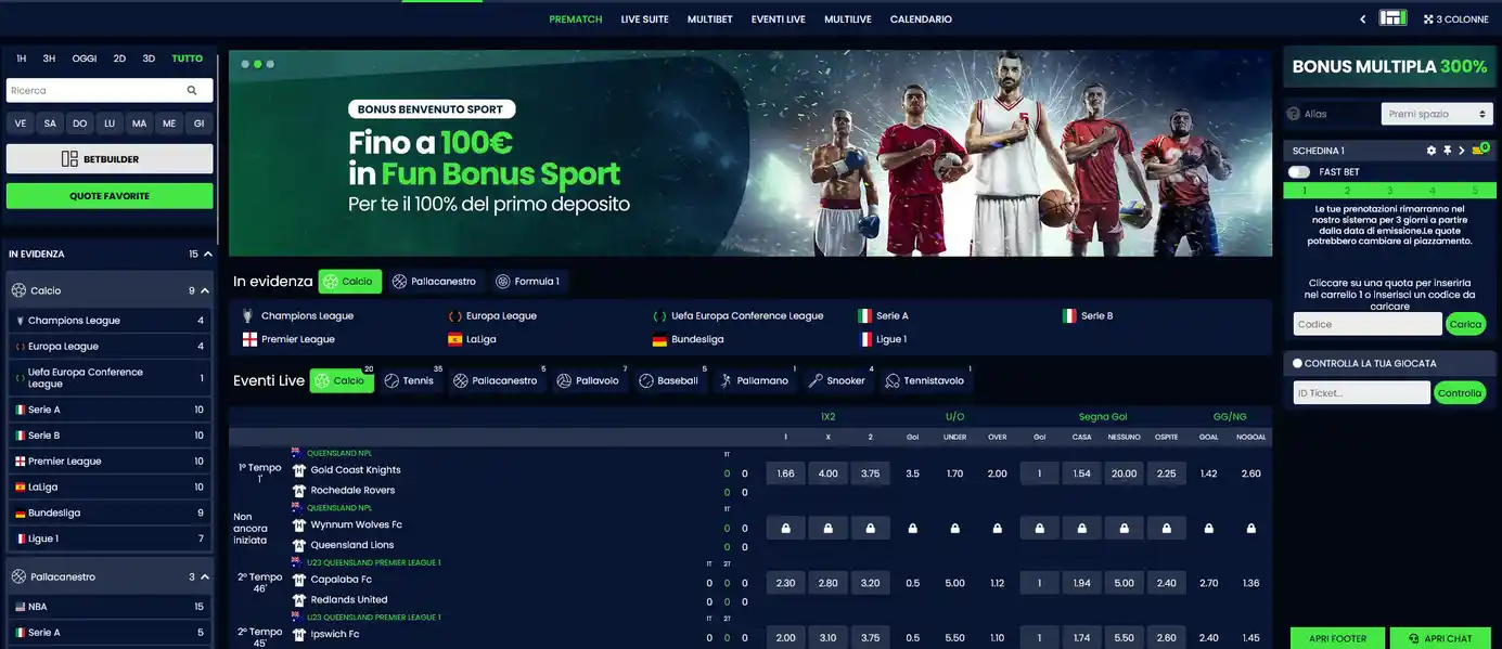 Pagina principale scommesse Queen Casino con bonus sportivo di benvenuto, quote potenziate, scommesse gratuite e offerte promozionali attive