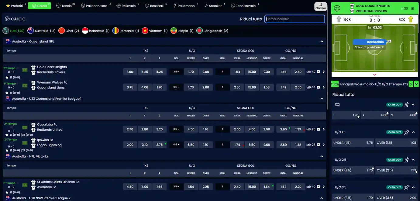 Pagina delle scommesse live su Queen Casino con quote in-play in tempo reale, cash out e aggiornamenti dinamici durante le partite