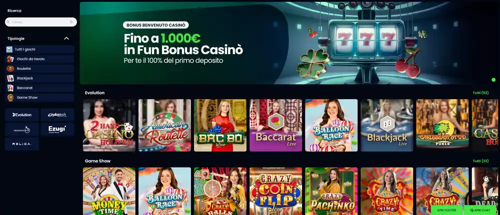 Sezione casinò live su Queen Casino con oltre 300 tavoli, dealer in tempo reale, roulette, blackjack, baccarat e game show in streaming HD