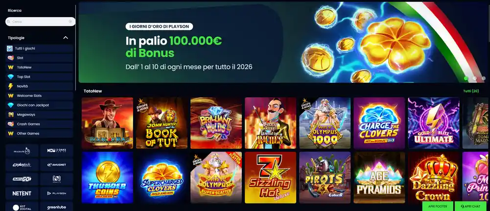 Pagina dei giochi del casinò Queen Casino con oltre 3.800 slot, filtri per fornitore e volatilità, modalità demo e titoli in evidenza