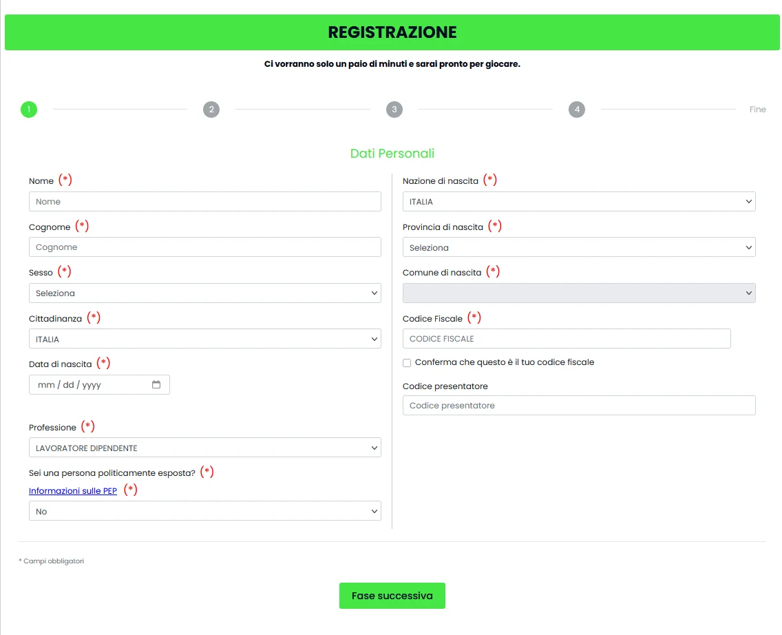 Pagina del flusso di registrazione su Queen Casino con modulo di creazione account, campi dati richiesti e passaggi di verifica