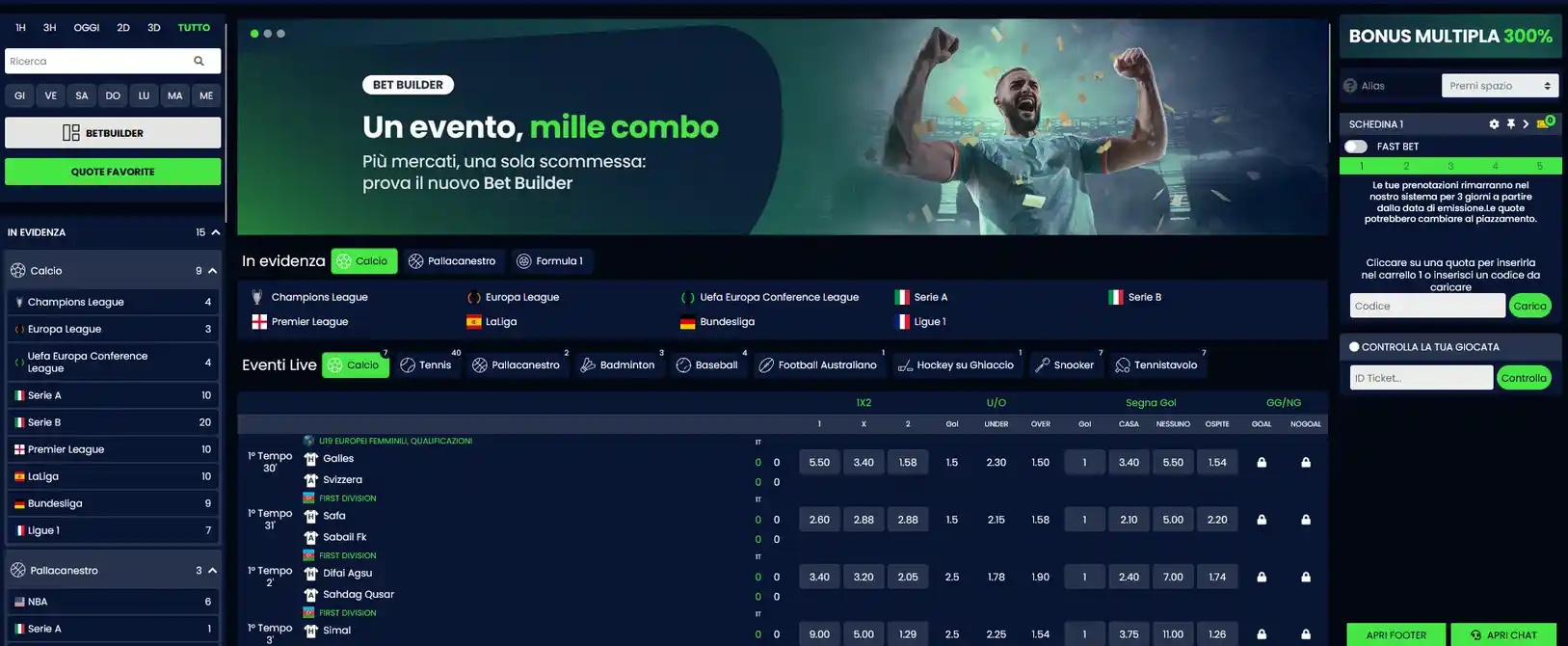 Pagina delle scommesse sportive prematch su Queen Casino con eventi calcio, basket, tennis e quote in formato decimale